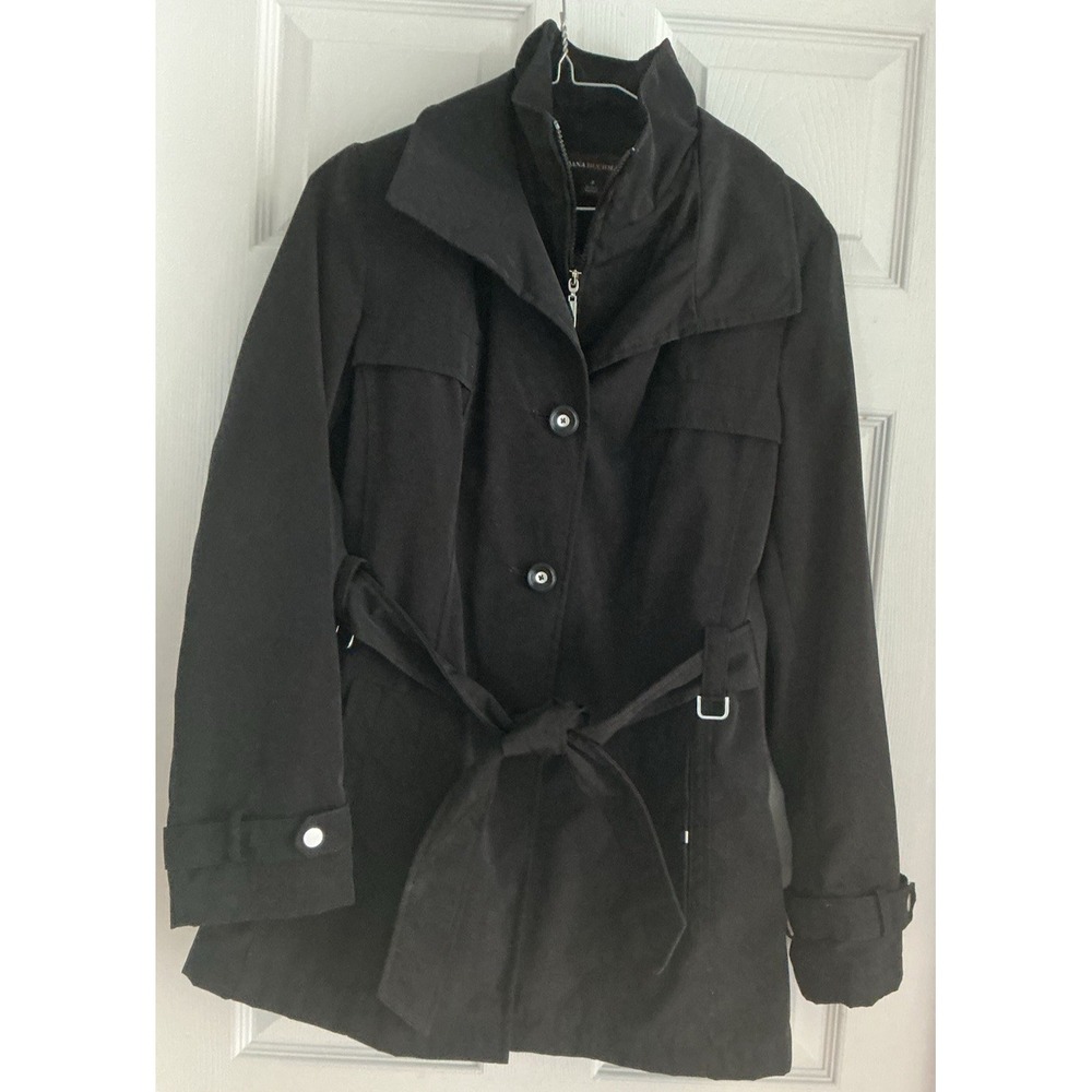 Dana Buchman Black Trench Coat Women's Sm Zebra Lining Belted Double Collar EUC